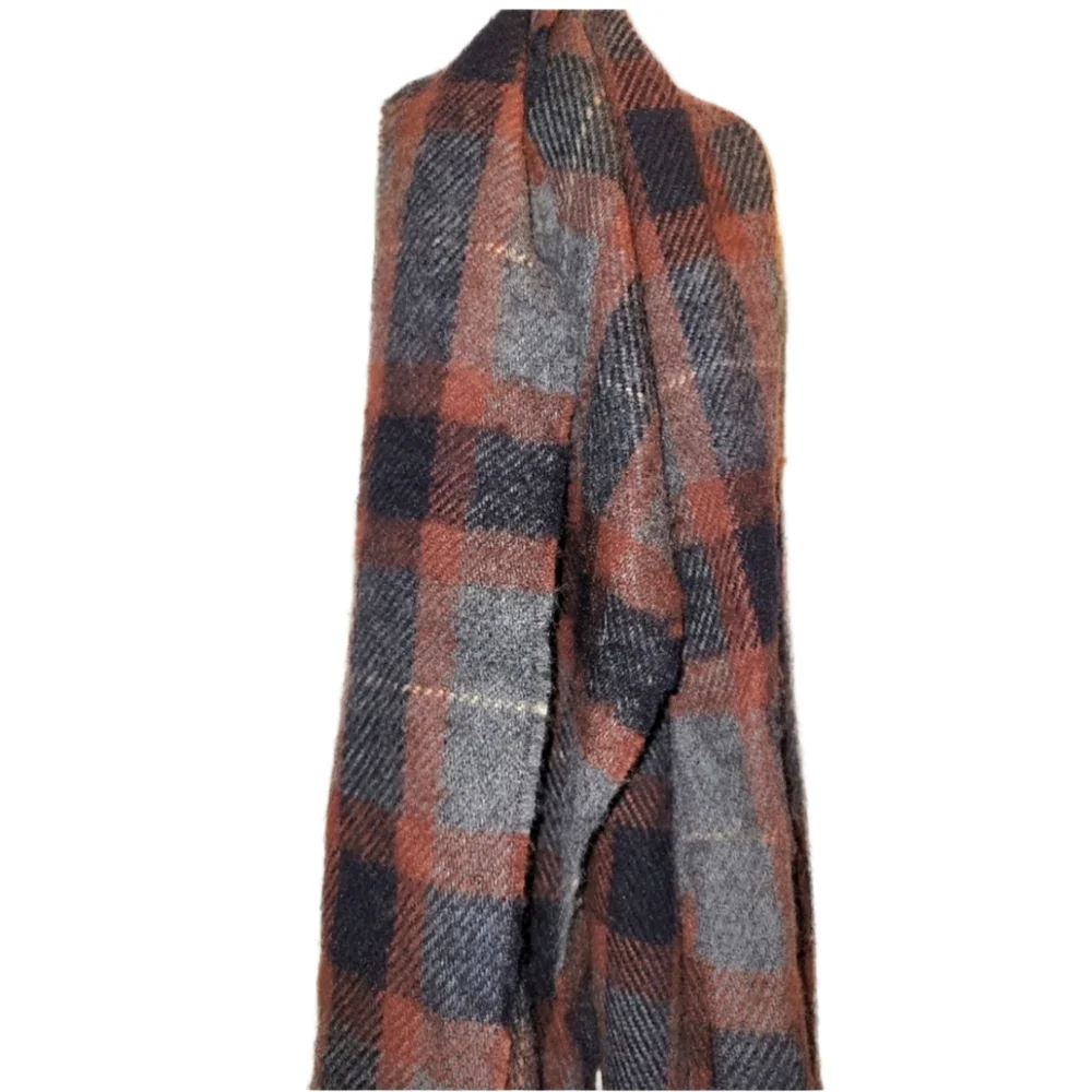 Cozy Wool Tartan Blanket Scarf Black, Red, Gray With Fringe 50